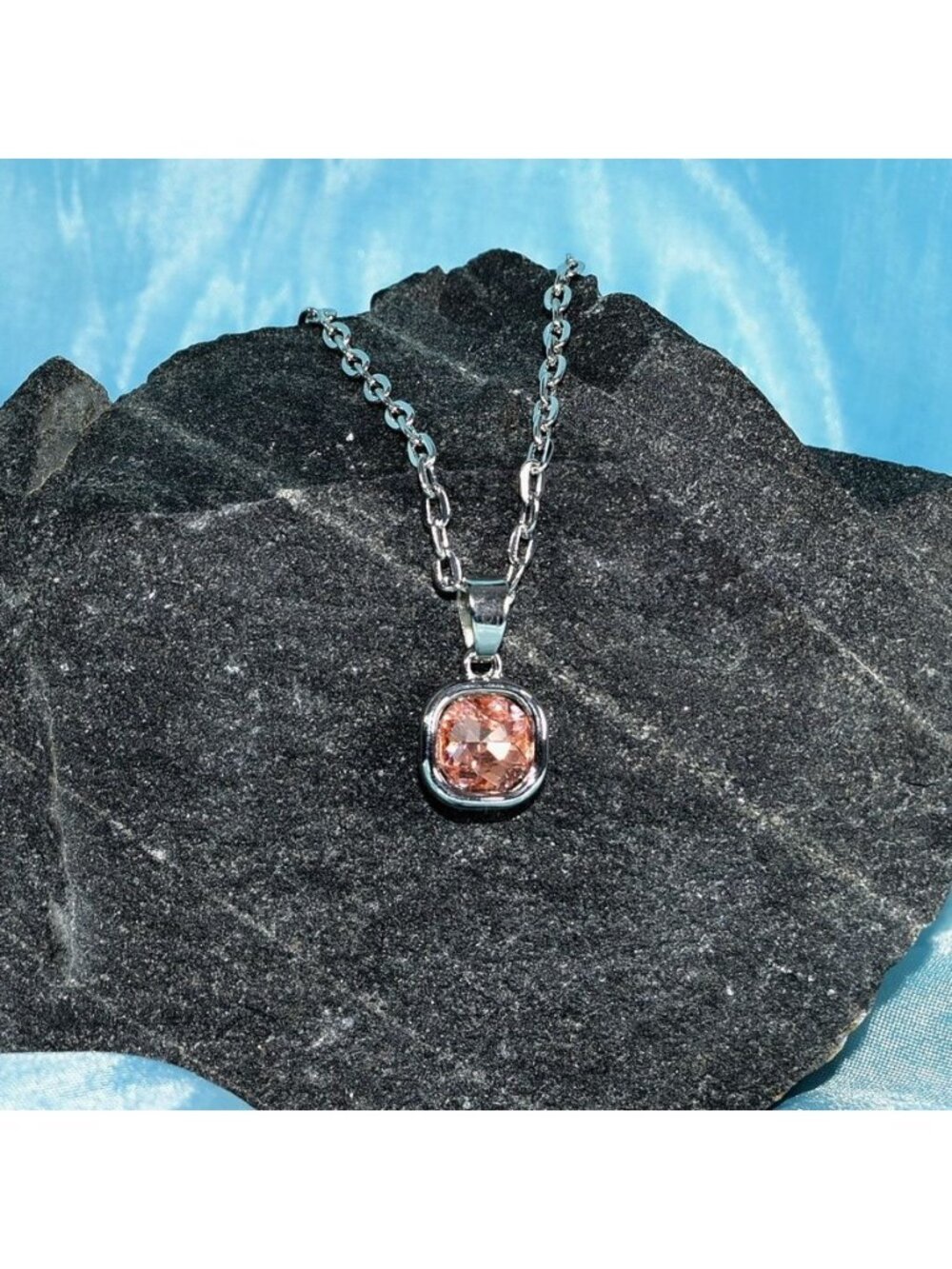 Jemma Tourmaline Pink Color Square Crystal Pendant Necklace Gift Packaged